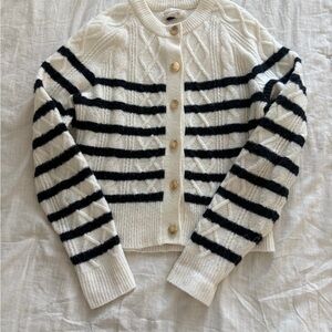White & Black Striped Knit Button Cardigan